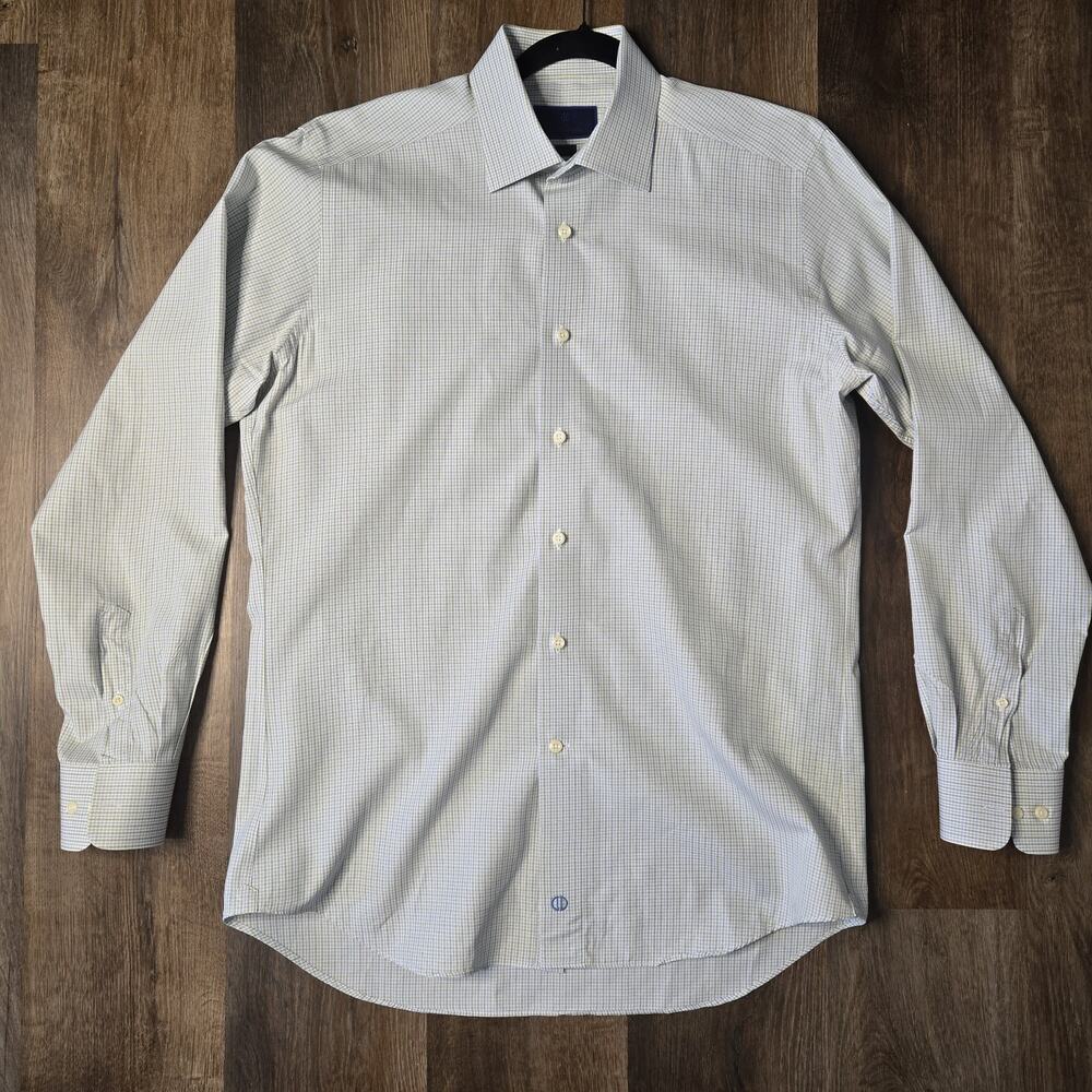 David Donahue Trim Fit White Blue Green Windowpane Button Down Shirt 16.5 34/35